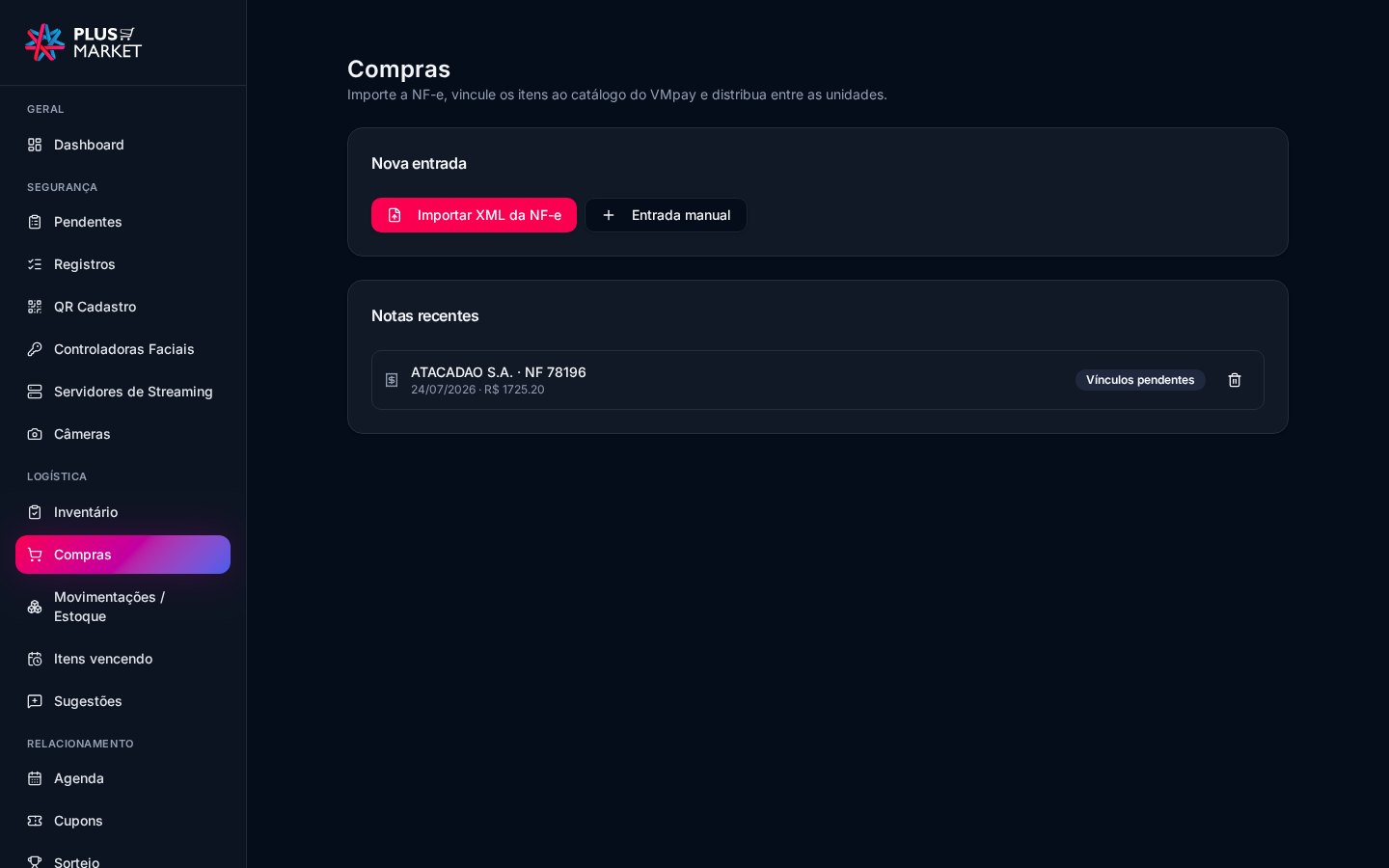 Plus Market — Entrada de compras via XML da NF-e