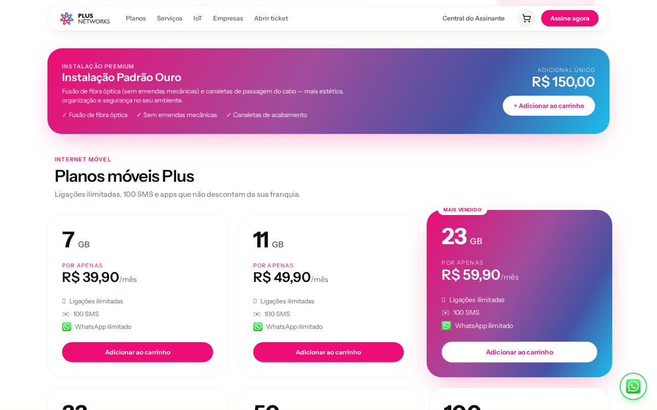 Plus Networks — Planos móveis e adicionais