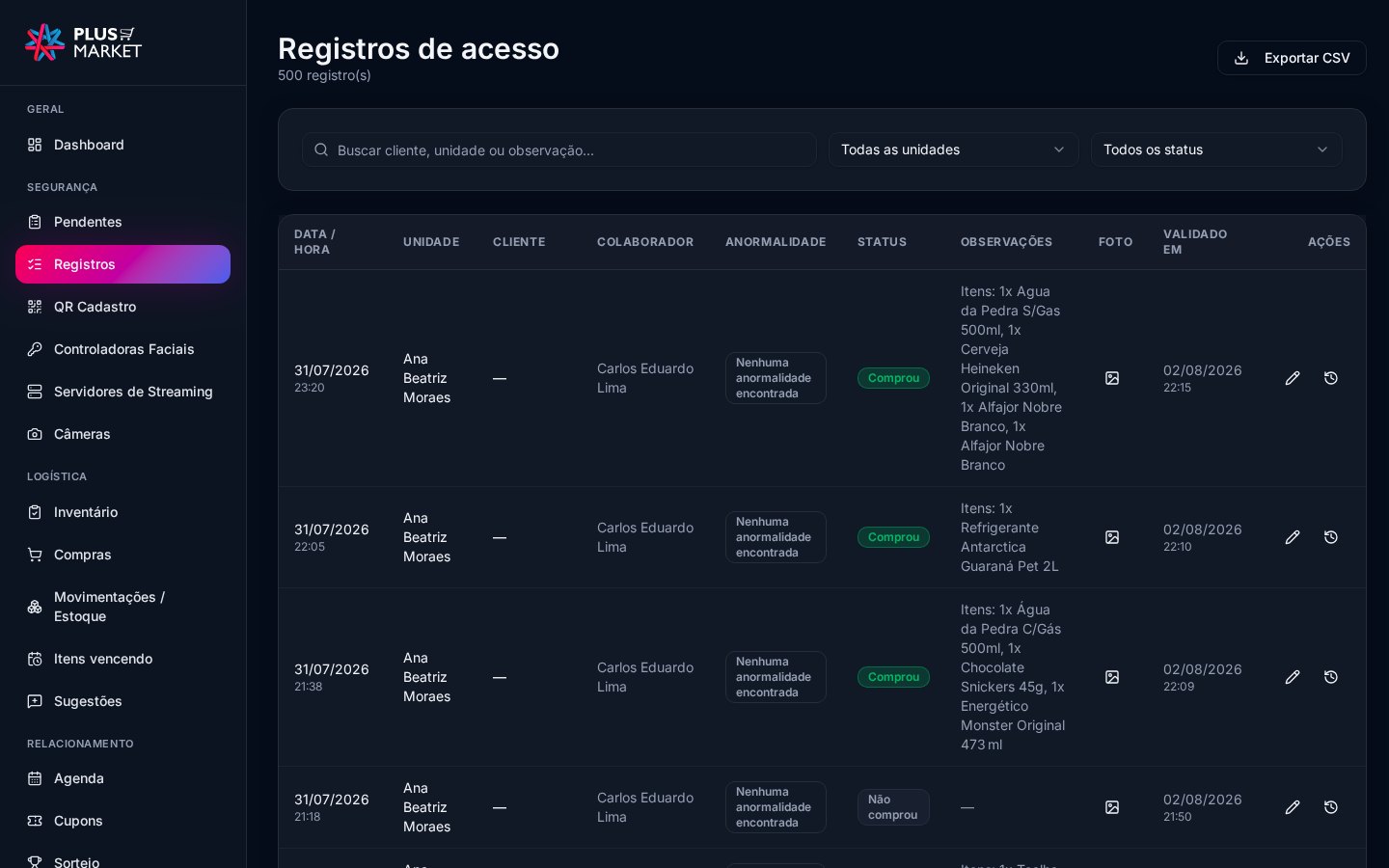 Plus Market — Registros de acesso com validação