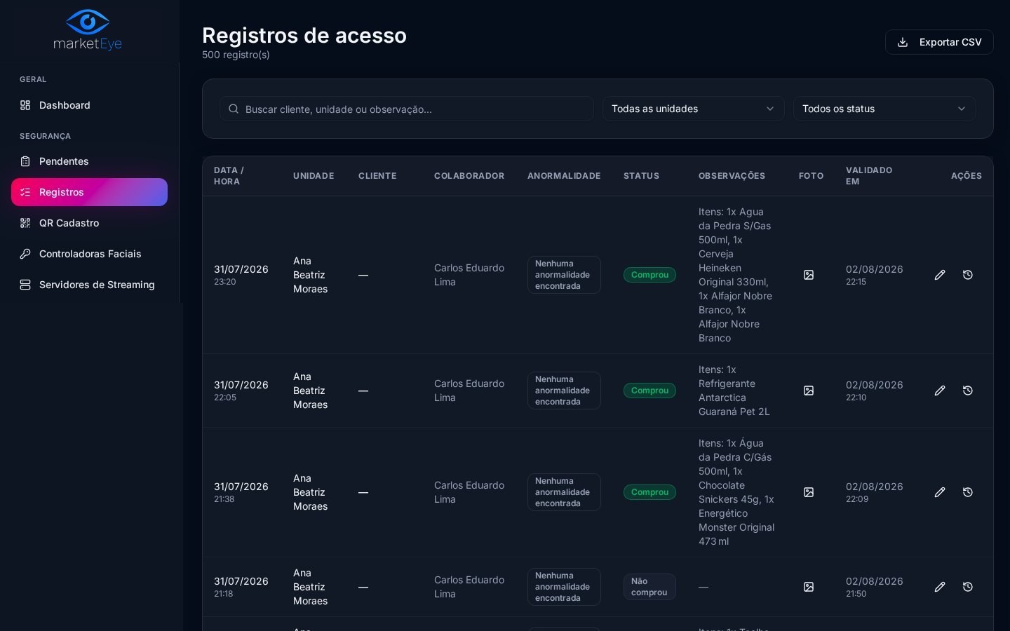 MarketEye — Registros de acesso com validação facial e QR Code