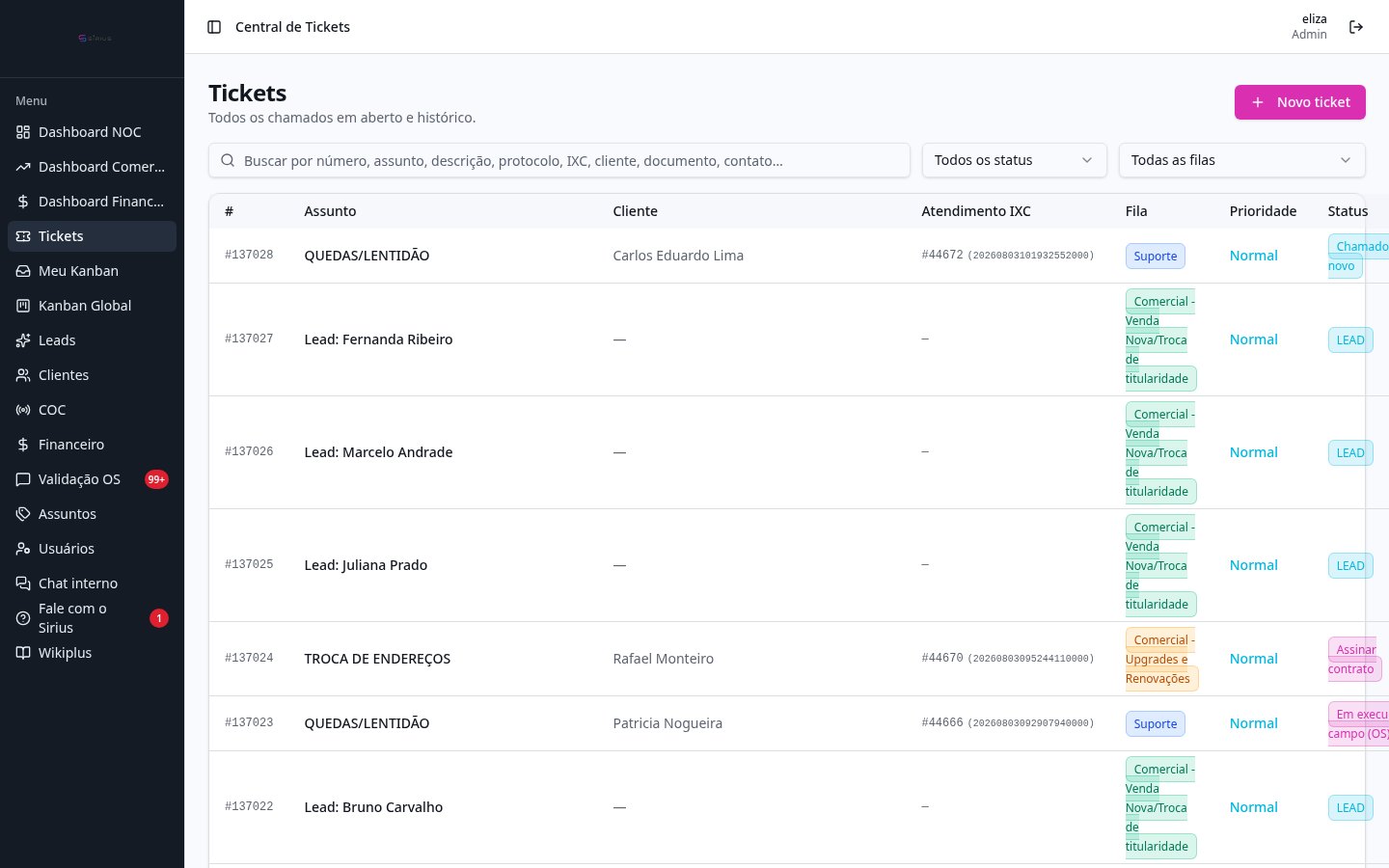Sirius — Lista de chamados e filtros