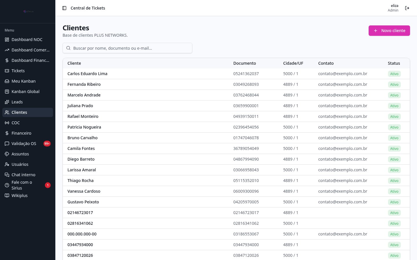 Sirius — Base de clientes